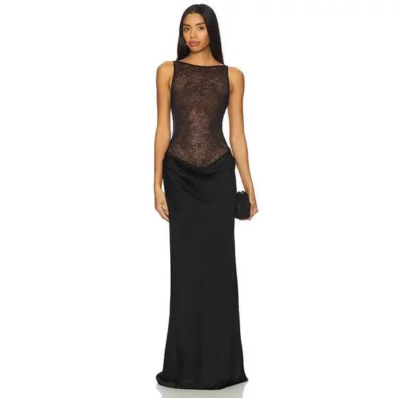 NBD | Dresses | Nbd Betty Gown Black Lace Sheer Top Long Dress Size L Nwt  278 Msrp | Poshmark